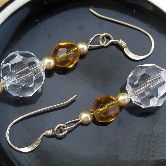 Crystal Pearl 14K Gold Plated Earrings Handmade - Picture 5 of 6